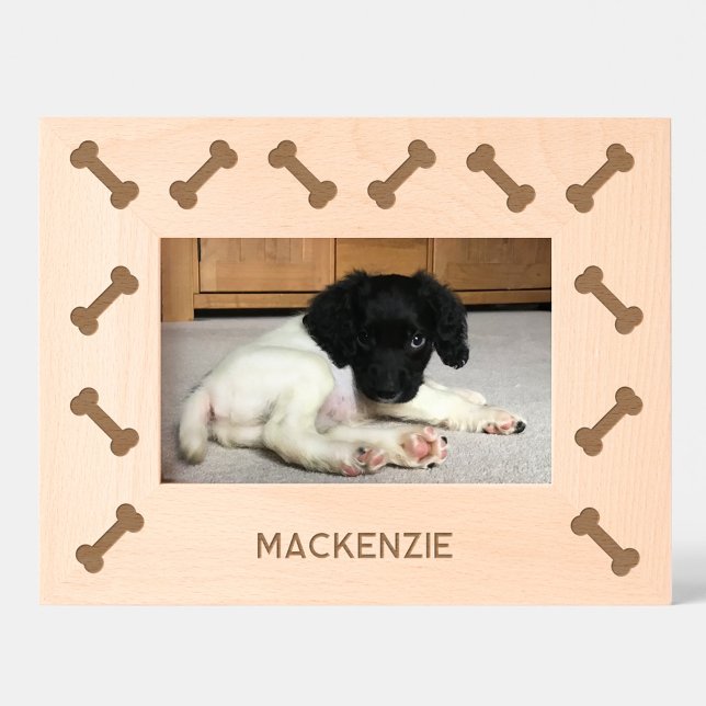 Personalised Dog Name Fun Bones Etched Frames (Fun personalize dog name bones pattern etched wooden frame for pet lovers)