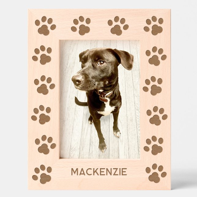 Personalised Dog Name Paw Prints Etched Frames (Cute personalized pet dog name paw prints etched wooden photo frame)