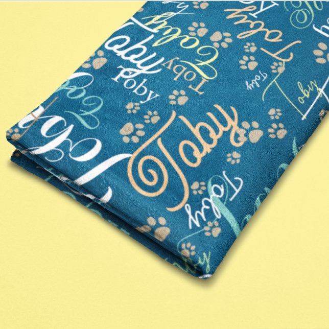 Personalised Dog Name & Paws all over blue Fleece Blanket (Creator Uploaded)