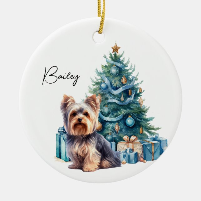 Personalised Dog Name Yorkie with Christmas Tree Ceramic Ornament (Front)