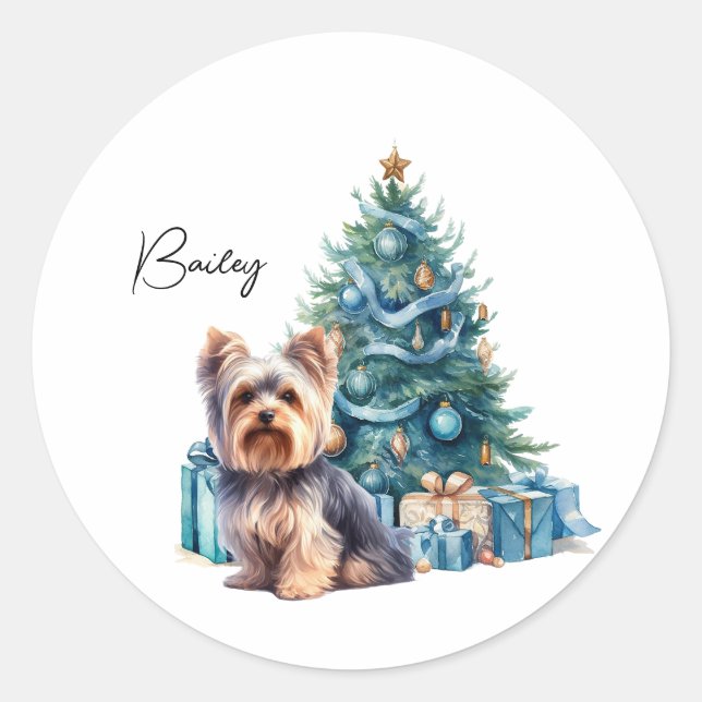 Personalised Dog Name Yorkie with Christmas Tree Classic Round Sticker (Front)