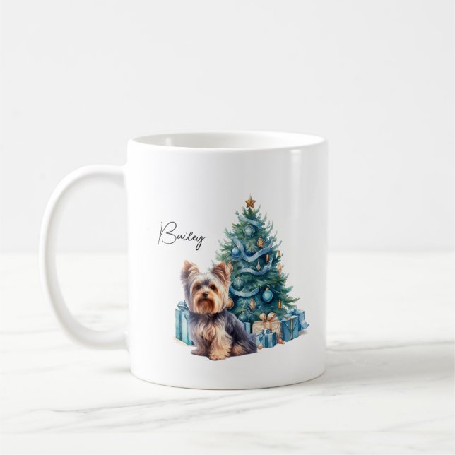 Personalised Dog Name Yorkie with Christmas Tree Coffee Mug (Left)