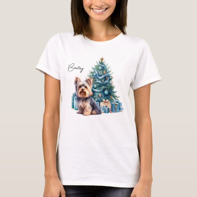 Personalised Dog Name Yorkie with Christmas Tree T-Shirt (Front)