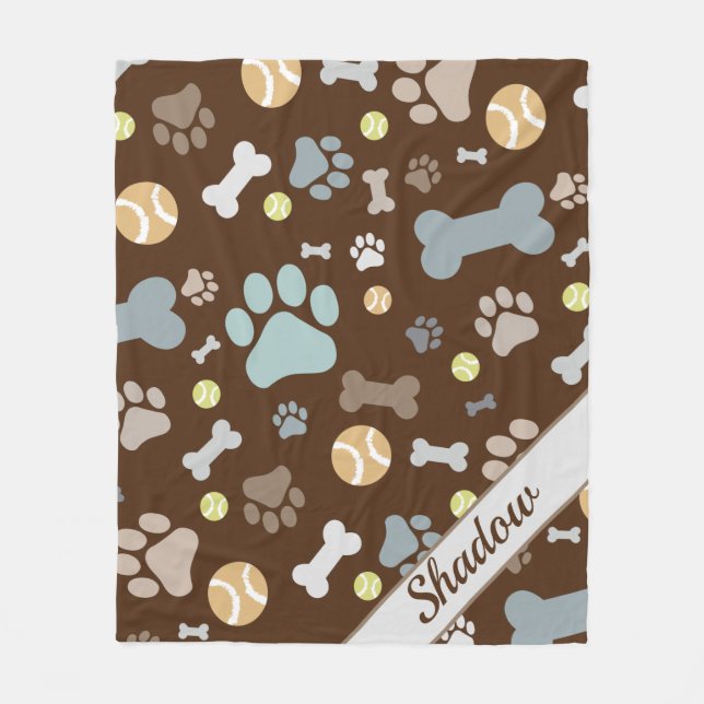 Personalised Dog Paw Bone Brown Fleece Blanket (Front)