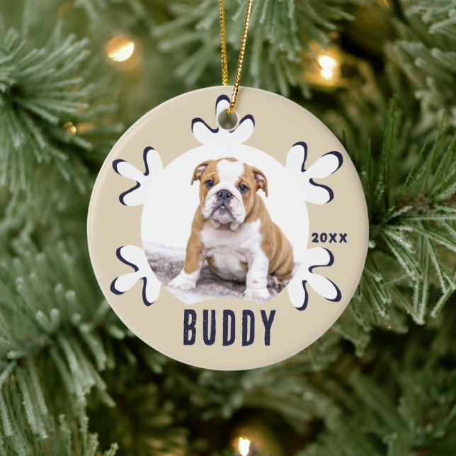 Personalised Dog Pet Name Photo Snowflake Ceramic Ornament (Tree)
