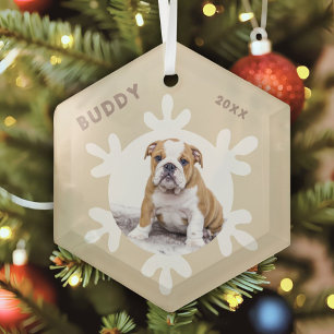 Personalised Dog Pet Name Photo Snowflakes Glass Tree Decoration