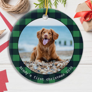 Personalised Dog Pet Photo Buffalo Plaid Christmas Ceramic Ornament