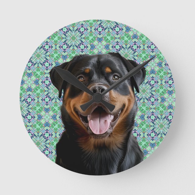 🐾Personalised Dog Pet Photo Green Mandala Pattern Round Clock (Front)