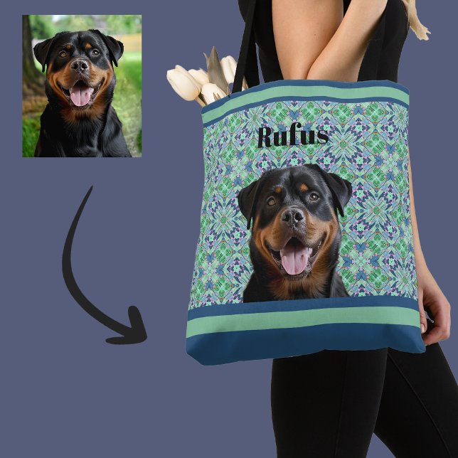 🐾Personalised Dog Pet Photo Green Mandala Pattern Tote Bag (Creator Uploaded)