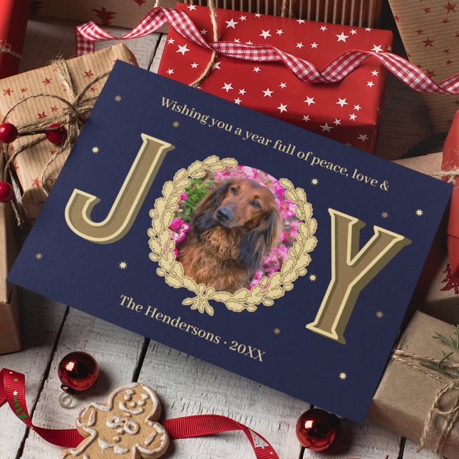 Personalised Dog Photo Blue Gold Joy Christmas Holiday Card (Personalized Dog Photo Blue Gold Joy Christmas Holiday Card
)