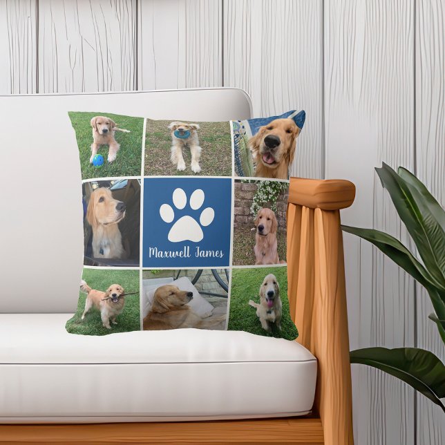 Personalised Dog Photo Collage Paw Print Blue Cushion (Creator Uploaded)