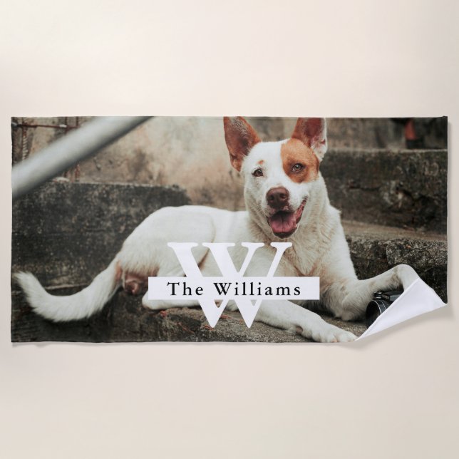 Personalised Dog Photo Family name Beach Towel (Front)
