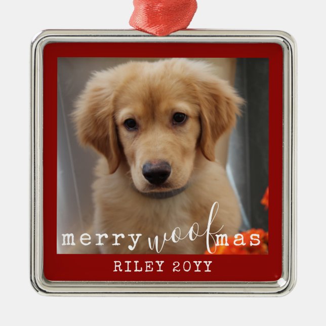Personalised Dog Photo Merry WoofMas Rustic Red Metal Ornament (Front)