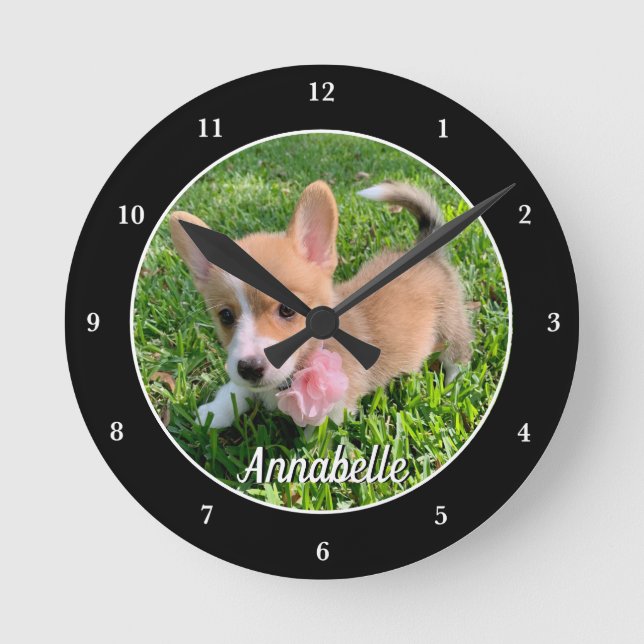 Personalised Dog Photo Monogram Modern Pet Owner Round Clock (Front)