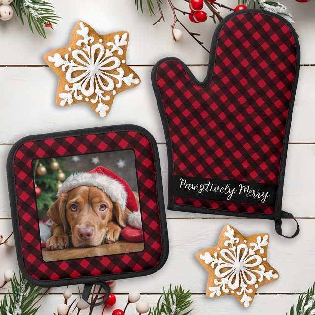 Personalised Dog Photo Red Buffalo Plaid Christmas Oven Mitt & Pot Holder Set (Creator Uploaded)