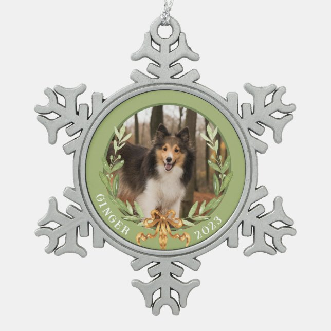 Personalised Dog Photo Snowflake Pewter Christmas Ornament (Front)
