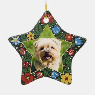 Personalised Dog Photo Star Folk Floral Christmas Ceramic Ornament