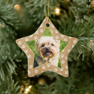 Personalised Dog Photo Star Paw Prints Faux Wood Ceramic Ornament