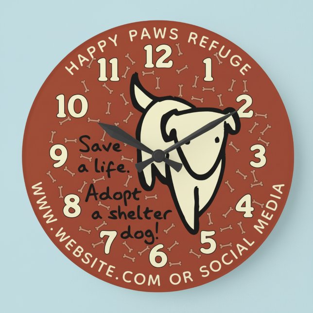Personalised Dog Shelter Wall Clock (Save a life. Adopt a shelter dog! Pet rescue wall clock.)