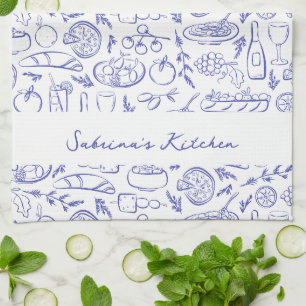 Personalised Dolce Vita Italian Food Drawings Blue Tea Towel