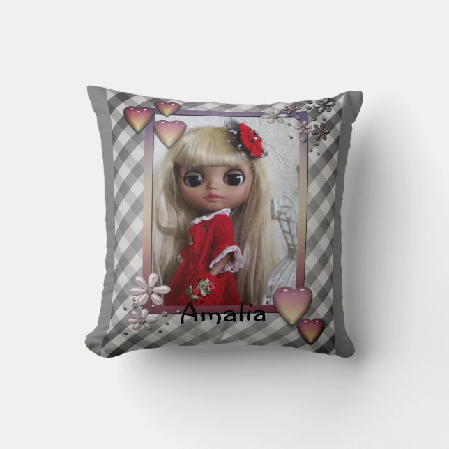 Personalised doll girl kids cute cartoon hearts fl cushion (Front)