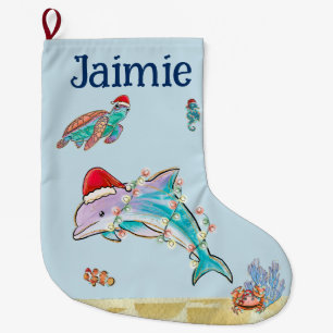 Personalised Dolphin Turtle Ocean Watercolor  Large Christmas Stocking