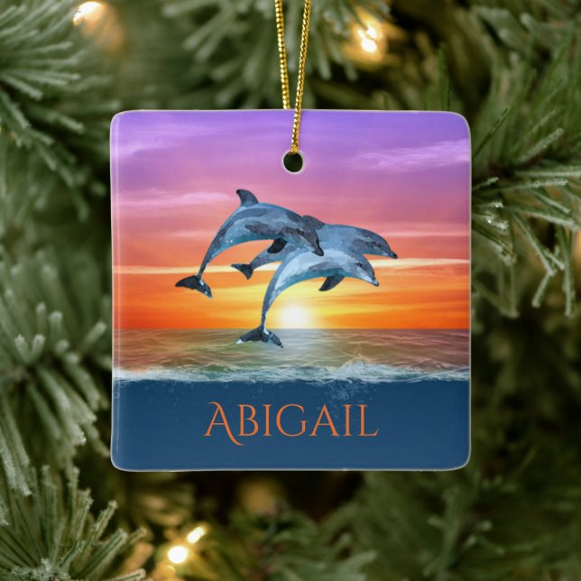 Personalised Dolphins Jumping Ocean Christmas Ceramic Ornament (Tree)