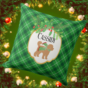 Personalised Doodle Dog Green Plaid Holiday Cushion