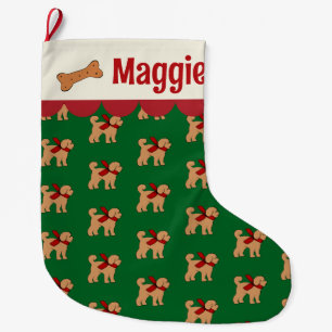 Personalised Doodle Dog Red Green Tan Large Christmas Stocking