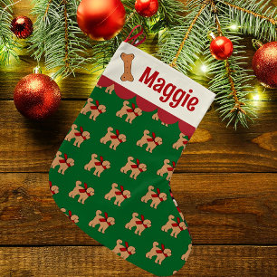 Personalised Doodle Dog Red Green Tan Large Christmas Stocking