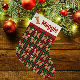 Personalised Doodle Dog Red Green Tan Plaid  Large Christmas Stocking