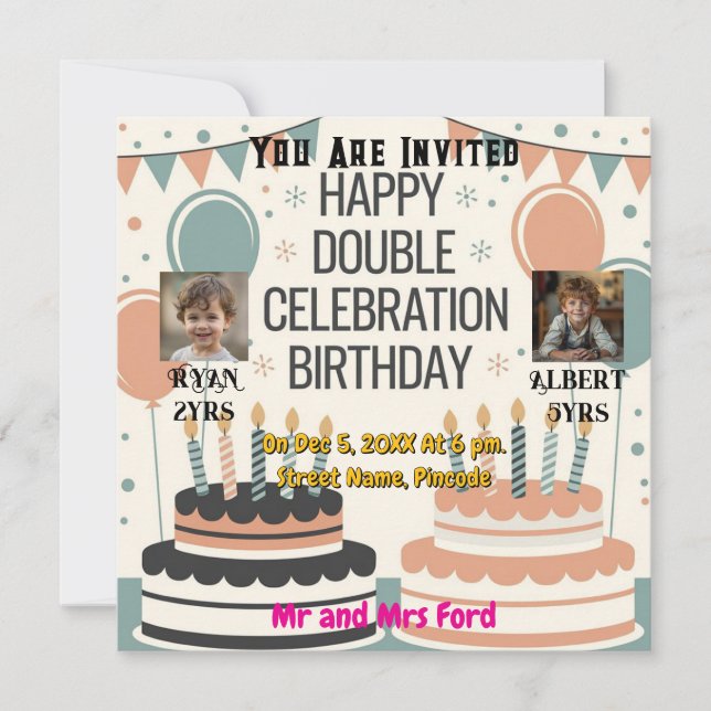 Personalised Double Birthday Two Cakes Invitation (Front)