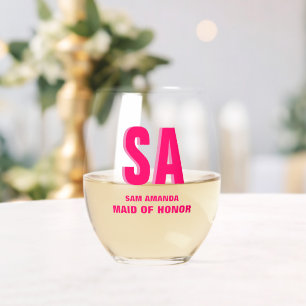 Personalised Double Shadow Monogram Maid Of Honour Stemless Wine Glass