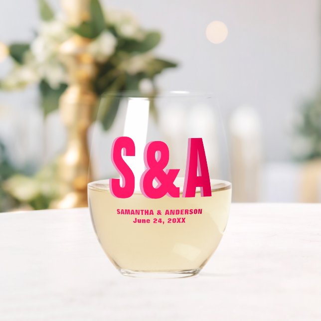 Personalised Double Shadow Monogram Wedding Favour Stemless Wine Glass (Insitu (Wedding))