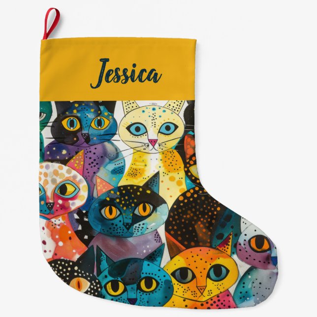 Personalised  Double Sided Whimsical Cat Design Large Christmas Stocking (Front)