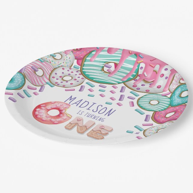 Personalised Doughnut Sprinkles First Birthday Paper Plate (Angled)