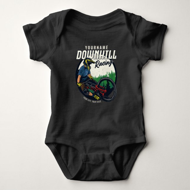 Personalised Downhill Racing Mountain Bike Trail   Baby Bodysuit (Front)