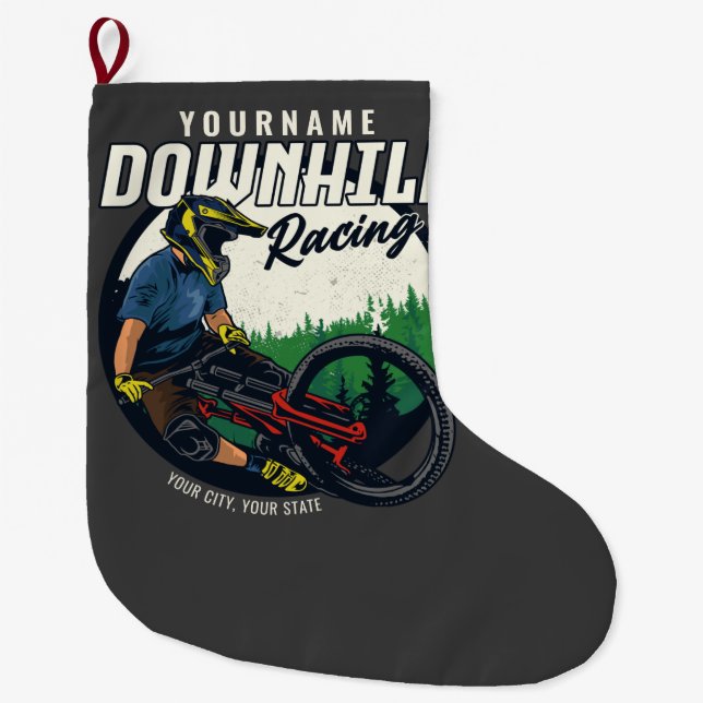Personalised Downhill Racing Mountain Bike Trail  Large Christmas Stocking (Front)
