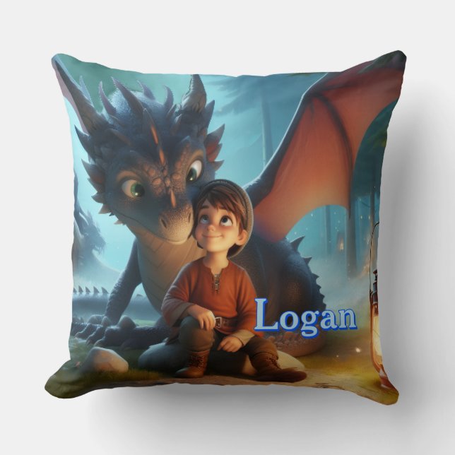 Personalised Dragon & Boy Adventure Throw Pillow (Front)