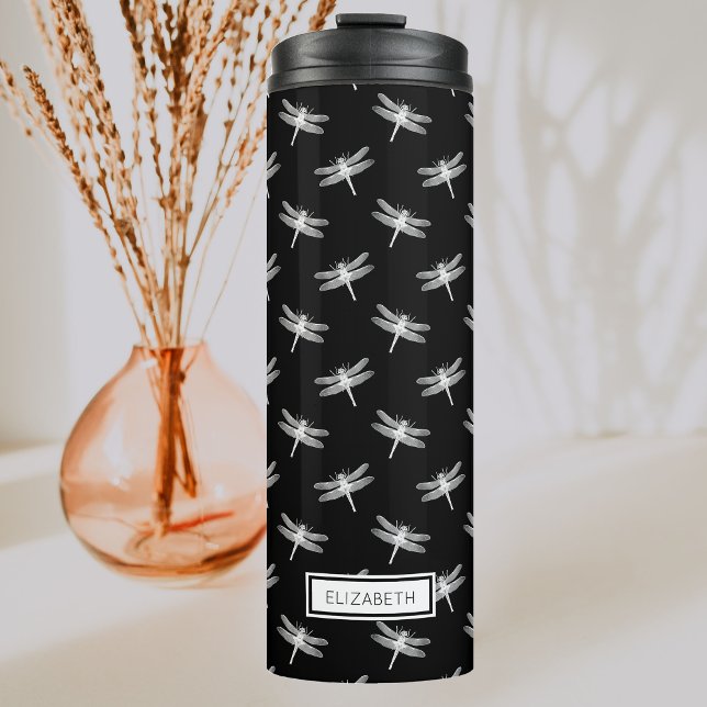 Personalised Dragonfly Pattern Black and White Thermal Tumbler (Creator Uploaded)