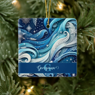 Personalised Dreamy Blue and Frosty Winter Swirls Ceramic Ornament