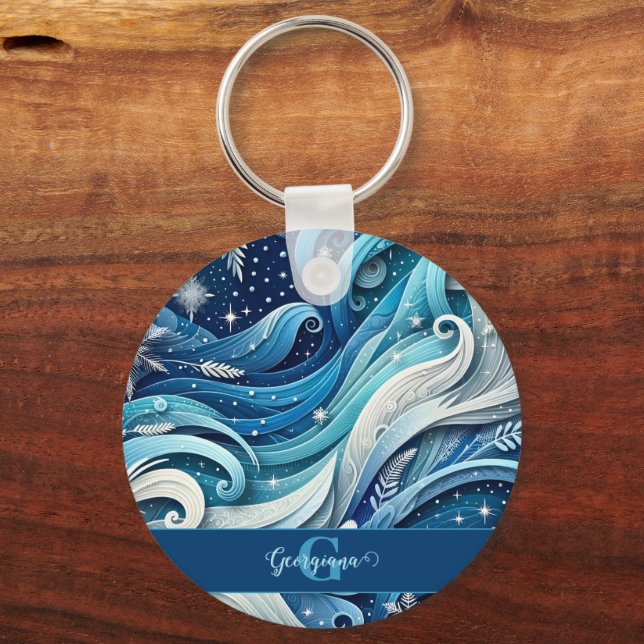 Personalised Dreamy Blue and Frosty Winter Swirls Key Ring (Front)