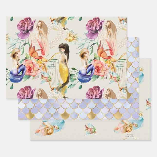 Personalised Dreamy Mermaid & Mermaid scales Wrapping Paper Sheet (Set)