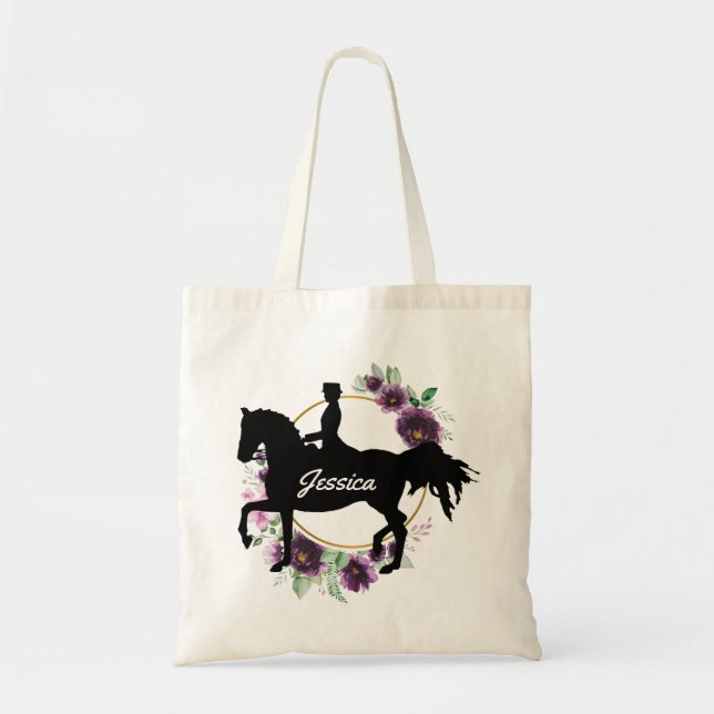 Personalised Dressage Horse Riding Floral Name Tote Bag (Front)