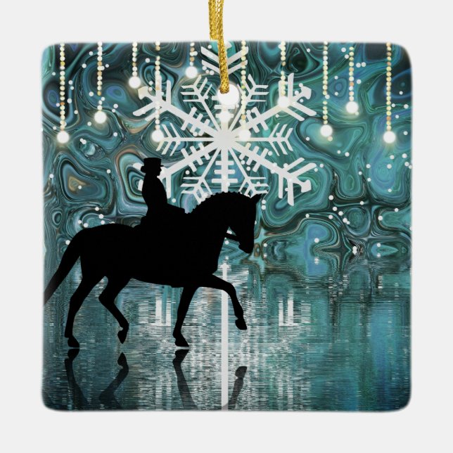 Personalised Dressage Horse Winter Night Snowflake Ceramic Ornament (Front)