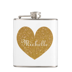 Personalised drink flask with gold glitter heart