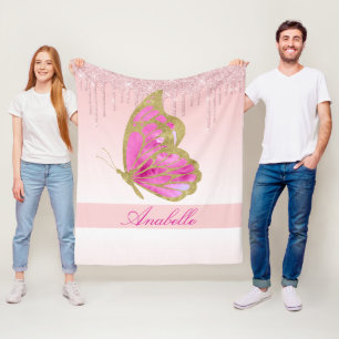 Personalised Dripping Glitter Pink Butterfly Fleece Blanket