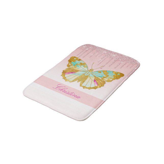 Personalised Dripping Glitter Pink Teal Butterfly Bath Mat (Angled)