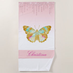 Personalised Dripping Glitter Pink Teal Butterfly Beach Towel