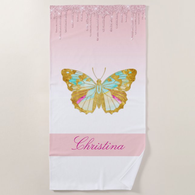 Personalised Dripping Glitter Pink Teal Butterfly Beach Towel (Front)